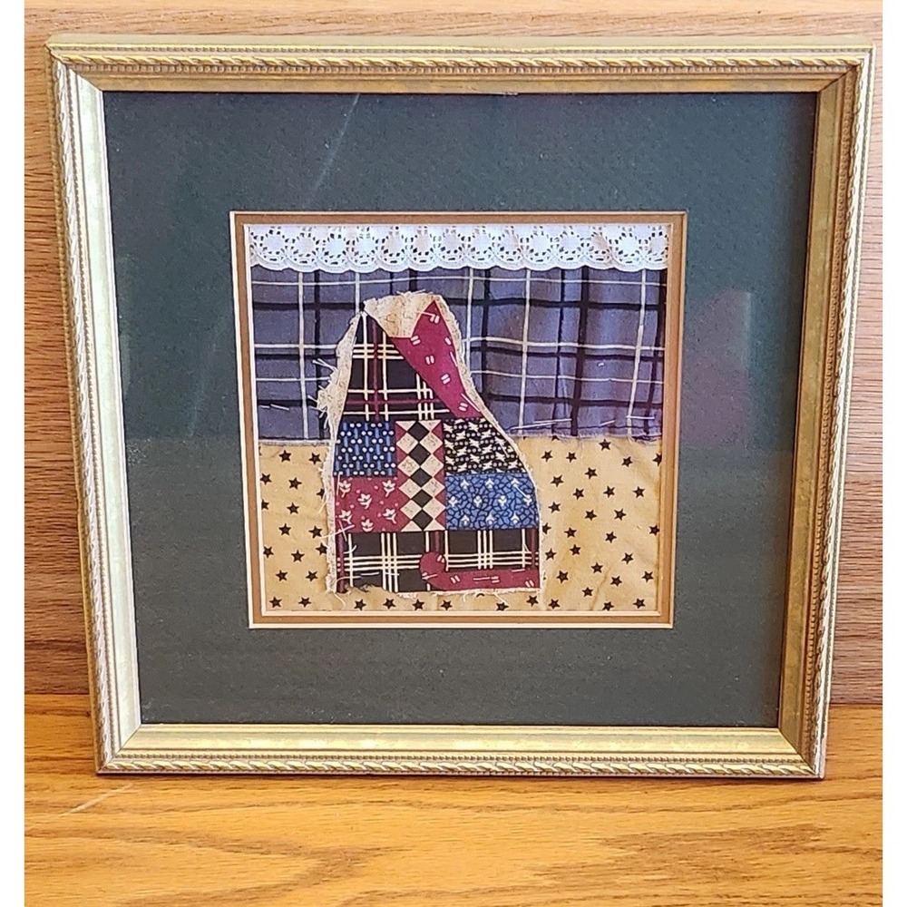 Hand Made Fabric Cat Picture Frame Farmhouse Chic Primitive Plaid Cotton‎ Brass